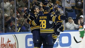 Jan 2, 2016; Buffalo, NY, USA; Buffalo Sabres center Jack Eichel (15) celebrates his second goal of the period against the Detroit Red Wings during the second period at First Niagara Center. Mandatory Credit: Kevin Hoffman-USA TODAY Sports
