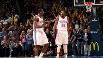 Kendrick Perkins and Kevin Durant of the OKC Thunder (Photo by Layne Murdoch/NBAE via Getty Images)