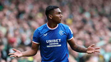 GLASGOW, SCOTLAND - APRIL 08: Alfredo Morelos of Rangers FC reacts during the Cinch Scottish Premiership match between Celtic FC and Rangers FC at Celtic Park on April 08, 2023 in Glasgow, Scotland. (Photo by Ian MacNicol/Getty Images)