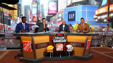 NEW YORK, NY - SEPTEMBER 23: Lee Corso, Kirk Herbstreit, Chris Fowler are seen during ESPN's College GameDay show at Times Square on September 23, 2017 in New York City. (Photo by Mike Stobe/Getty Images)