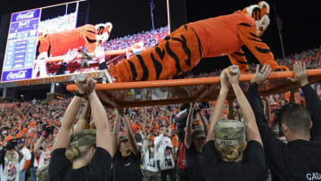 The Clemson Tiger mascot does six pushups during the first quarter at Memorial Stadium in Clemson, South Carolina Saturday, October 1, 2022.Ncaa Football Clemson Football Vs Nc State Wolfpack