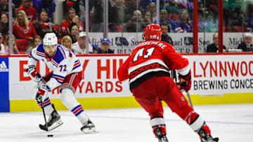 RALEIGH, NC - MARCH 23: Filip Chytil #72 of the New York Rangers skates with the puck during the third period of the game against the Carolina Hurricanes at PNC Arena on March 23, 2023 in Raleigh, North Carolina. Rangers win over Hurricanes 2-1.(Photo by Jaylynn Nash/Getty Images)