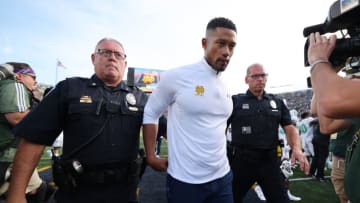 SOUTH BEND, INDIANA - SEPTEMBER 10: Head coach Marcus Freeman of the Notre Dame Fighting Irish walks off the field after losing to the Marshall Thundering Herd 26-21 at Notre Dame Stadium on September 10, 2022 in South Bend, Indiana. (Photo by Michael Reaves/Getty Images)