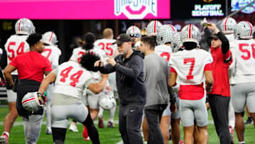 Dec 29, 2022; Atlanta, GA, USA; Ohio State Buckeyes defensive coordinator Jim Knowles watches the defense during team practice for the Peach Bowl at the Mercedes-Benz Stadium.Ceb Peachbowl Media Day Kwr 19