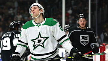 LOS ANGELES, CALIFORNIA - DECEMBER 09: Roope Hintz #24 of the Dallas Stars reacts to a missed chance against the Los Angeles Kings during a 4-0 Kings win at Staples Center on December 09, 2021 in Los Angeles, California. (Photo by Harry How/Getty Images)