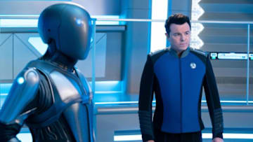 The Orville: New Horizons -- “Twice In A Lifetime” - Episode 306 -- The Orville crew sets out to rescue Gordon on a distant yet familiar world, dealing with potentially permanent consequences along the way. Isaac (Mark Jackson) and Capt. Ed Mercer (Seth MacFarlane), shown. (Photo by: Greg Gayne/Hulu)