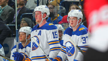 BUFFALO, NY - APRIL 4: Jack Eichel #15 and Casey Mittelstadt #37 of the Buffalo Sabres react during an NHL game against the Ottawa Senators on April 4, 2018 at KeyBank Center in Buffalo, New York. (Photo by Bill Wippert/NHLI via Getty Images) *** Local Caption *** Jack Eichel;Casey Mittelstadt