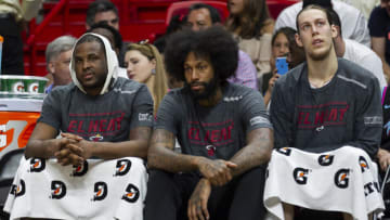 From left, Miami Heat's Dion Waiters (11), James Johnson (16) and Kelly Olynyk (9) sit on the bench during the first quarter against Toronto Raptors on Sunday, March 10, 2019 at the AmericanAirlines Arena in downtown Miami, Fla. (Matias J. Ocner/Miami Herald/TNS via Getty Images)