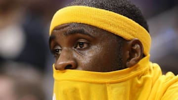 Apr 18, 2016; Toronto, Ontario, CAN; Indiana Pacers guard Ty Lawson (10) looks on from the bench in the late stages of the game against the Toronto Raptors in game two of the first round of the 2016 NBA Playoffs at Air Canada Centre. The Raptors beat the Pacers 98-87. Mandatory Credit: Tom Szczerbowski-USA TODAY Sports