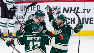 Oct 29, 2016; Saint Paul, MN, USA; Minnesota Wild forward Tyler Graovac (44) celebrates his goal in the third period against the Dallas Stars at Xcel Energy Center. The Minnesota Wild beat the Dallas Stars 4-0. Mandatory Credit: Brad Rempel-USA TODAY Sports