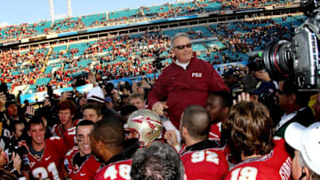JACKSONVILLE, FL - JANUARY 01: Head coach Bobby Bowden of the Florida State Seminoles is carried off the field by his players after defeating the West Virginia Mountaineers during the Konica Minolta Gator Bowl on January 1, 2010 at Jacksonville Municipal Stadium in Jacksonville, Florida. Florida State defeated West Virginia 33-21 in Bobby Bowden's last game as a head coach for the Seminoles. (Photo by Doug Benc/Getty Images)