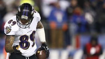Jan 10, 2015; Foxborough, MA, USA; Baltimore Ravens wide receiver Steve Smith (89) celebrates after scoring a touchdown against the New England Patriots during the first quarter in the 2014 AFC Divisional playoff football game at Gillette Stadium. Mandatory Credit: Mark L. Baer-USA TODAY Sports