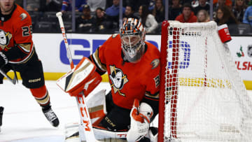 ANAHEIM, CALIFORNIA - NOVEMBER 23: John Gibson #36 of the Anaheim Ducks in goal against the New York Rangers in the third period at Honda Center on November 23, 2022 in Anaheim, California. (Photo by Ronald Martinez/Getty Images)