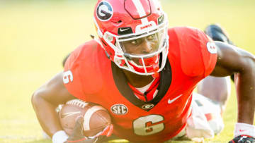 ATHENS, GA - SEPTEMBER 2: Wide receiver Javon Wims #6 of the Georgia Bulldogs scores a touchdown during their game against the Appalachian State Mountaineers at Sanford Stadium on September 2, 2017 in Athens, Georgia. (Photo by Michael Chang/Getty Images)