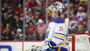 Oct 27, 2023; Newark, New Jersey, USA; Buffalo Sabres goaltender Eric Comrie (31) looks up ice during the first period against the New Jersey Devils at Prudential Center. Mandatory Credit: Vincent Carchietta-USA TODAY Sports