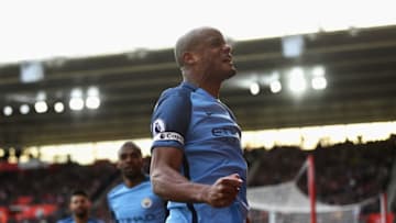 SOUTHAMPTON, ENGLAND - APRIL 15: Vincent Kompany of Manchester City celebrates scoring his sides first goal during the Premier League match between Southampton and Manchester City at St Mary's Stadium on April 15, 2017 in Southampton, England. (Photo by Mike Hewitt/Getty Images)