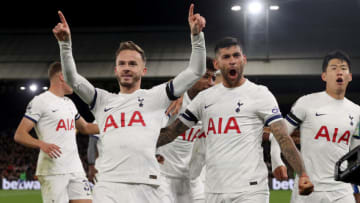 LONDON, ENGLAND - OCTOBER 27: James Maddison (L), Cristian Romero (C) and Son Heung-Min of Tottenham Hotspur celebrate with teammates after Joel Ward of Crystal Palace (Not Pictured) scored an own goal during the Premier League match between Crystal Palace and Tottenham Hotspur at Selhurst Park on October 27, 2023 in London, England. (Photo by Alex Pantling/Getty Images)