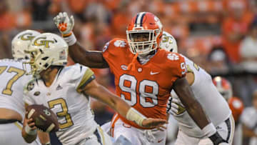 Clemson defensive end Myles Murphy (98) chases Georgia Tech freshman Jordan Yates (13) during the third quarter in Clemson, S.C., September 18, 2021.Ncaa Football Georgia Tech At Clemson