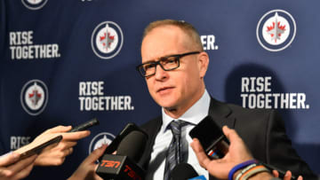 MONTREAL, QC - FEBRUARY 07: Head coach of the Winnipeg Jets Paul Maurice speaks with the media after their loss to the Montreal Canadiens during the NHL game at the Bell Centre on February 7, 2019 in Montreal, Quebec, Canada. The Montreal Canadiens defeated the Winnipeg Jets 5-2. (Photo by Minas Panagiotakis/Getty Images)