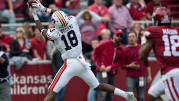 Auburn football wide receiver Seth Williams (18) catches a long pass before scoring a touchdown at Donald W. Reynolds Razorback Stadium in Fayetteville, Ark., on Saturday, Oct. 19, 2019. Auburn defeated Arkansas 51-10.Jc Auburnark 52