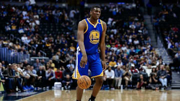 Nov 10, 2016; Denver, CO, USA; Golden State Warriors forward Kevon Looney (5) controls the ball in the fourth quarter against the Denver Nuggets at the Pepsi Center. Mandatory Credit: Isaiah J. Downing-USA TODAY Sports