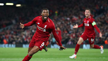 LIVERPOOL, ENGLAND - MAY 07: Georginio Wijnaldum of Liverpool celebrates after scoring his team's third goal during the UEFA Champions League Semi Final second leg match between Liverpool and Barcelona at Anfield on May 07, 2019 in Liverpool, England. (Photo by Clive Brunskill/Getty Images)