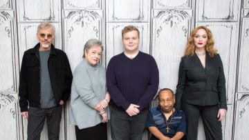 NEW YORK, NY - NOVEMBER 14: (L_R) Billy Bob Thornton, Kathy Bates, Brett Kelly, Tony Cox, and Christina Hendricks attend The Build Series to discuss "Bad Santa 2" at AOL HQ on November 14, 2016 in New York City. (Photo by Mike Pont/WireImage)