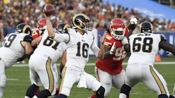 Aug 20, 2016; Los Angeles, CA, USA; Los Angeles Rams quarterback Jared Goff (16) throws the ball during the second quarter against the Kansas City Chiefs at Los Angeles Memorial Coliseum. Mandatory Credit: Richard Mackson-USA TODAY Sports