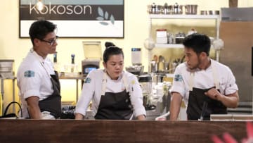 TOP CHEF -- "Restaurant Wars" Episode 1808 -- Pictured: (l-r) Byron Gomez, Jamie Tran, Shota Nakajima -- (Photo by: David Moir/Bravo)