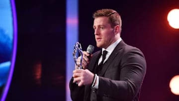 MONACO - FEBRUARY 27: JJ Watt with his Laureus Sporting Inspiration award during the 2018 Laureus World Sports Awards show at Salle des Etoiles, Sporting Monte-Carlo on February 27, 2018 in Monaco, Monaco. (Photo by Alexander Koerner/Getty Images for Laureus)