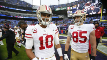 Jimmy Garoppolo #10 and George Kittle #85 of the San Francisco 49ers (Photo by Michael Zagaris/San Francisco 49ers/Getty Images)