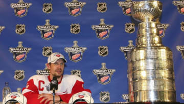PITTSBURGH - JUNE 04: Nicklas Lidstrom of the Detroit Red Wings takes a press conference with the Stanley Cup after defeating the Pittsburgh Penguins in game six of the 2008 NHL Stanley Cup Finals at Mellon Arena on June 4, 2008 in Pittsburgh. Pennsylvania. The Red Wings defeated the Penguins 3-2 to win the Stanley Cup Finals 4 games to 2. (Photo by Bruce Bennett/Getty Images)