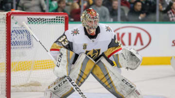 DALLAS, TX - DECEMBER 09: Vegas Golden Knights Goalie Maxime Lagace (33) stands at the net during the game between the Dallas Stars and Vegas Golden Knights on December 9, 2017 at the American Airlines Center in Dallas, TX. (Photo by George Walker/Icon Sportswire via Getty Images)