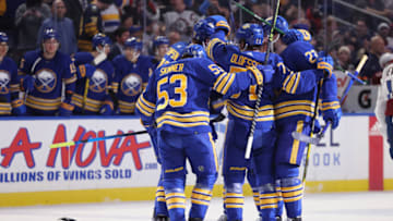 Feb 19, 2022; Buffalo, New York, USA; Buffalo Sabres right wing Tage Thompson (72) celebrates his third goal of the game with teammates during the second period against the Colorado Avalanche at KeyBank Center. Mandatory Credit: Timothy T. Ludwig-USA TODAY Sports