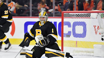 Oct 20, 2021; Philadelphia, Pennsylvania, USA; Boston Bruins goaltender Jeremy Swayman (1) reacts after allowing goal by Philadelphia Flyers left wing Scott Laughton (not pictured) during the second period at Wells Fargo Center. Mandatory Credit: Eric Hartline-USA TODAY Sports