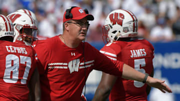 PROVO, UT - SEPTEMBER 16: Head coach Paul Chryst of the Wisconsin Badgers congratulates his team during a game against the BYU Cougars at LaVell Edwards Stadium on September 16, 2017 in Provo, Utah. (Photo by Gene Sweeney Jr/Getty Images)
