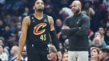 Mar 6, 2023; Cleveland, Ohio, USA; Cleveland Cavaliers guard Donovan Mitchell (45) and head coach J.B. Bickerstaff react after a foul during the first quarter against the Boston Celtics at Rocket Mortgage FieldHouse. Mandatory Credit: Ken Blaze-USA TODAY Sports