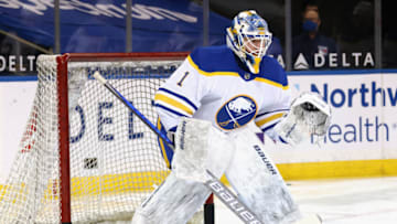 NEW YORK, NEW YORK - APRIL 27: Ukko-Pekka Luukkonen #1 of the Buffalo Sabres skates in warm-ups prior to the game against the New York Rangers at Madison Square Garden on April 27, 2021 in New York City. The Rangers defeated the Sabres 3-1. (Photo by Bruce Bennett/Getty Images)
