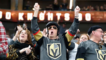 LAS VEGAS, NV - JANUARY 13: A Golden Knights fan with Elvis hair celebrates a goal during a game between the Vegas Golden Knights and the Edmonton Oilers on January 13, 2018 at T-Mobile Arena in Las Vegas, Nevada. (Photo by Jeff Speer/Icon Sportswire via Getty Images)