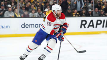 Mar 23, 2023; Boston, Massachusetts, USA; Montreal Canadiens defenseman David Savard (58) possesses the puck during the first period against the Boston Bruins at TD Garden. Mandatory Credit: Paul Rutherford-USA TODAY Sports