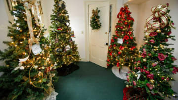 A quartet of decorated Christmas trees at the Sheboygan County Historical Research Center’s Treemendous Celebration holiday display as seen, Wednesday, November 30, 2022, in Sheboygan Falls, Wis.She 113022 Treemendous Celebration Schrc Gck 09