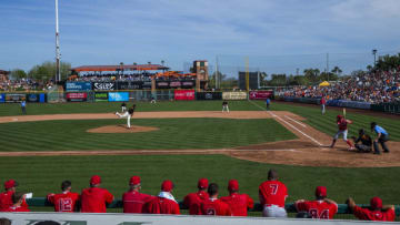 SCOTTSDALE, AZ - MARCH 2: A general view of fans watching a spring training game between the San Francisco Giants and the Los Angeles Angels of Anaheim at Scottsdale Stadium on March 2, 2016 in Scottsdale, Arizona. (Photo by Rob Tringali/Getty Images)