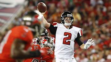 Nov 3, 2016; Tampa, FL, USA; Atlanta Falcons quarterback Matt Ryan (2) throws a touchdown pass to Atlanta Falcons tight end Levine Toilolo (not pictured) during the first quarter against the Tampa Bay Buccaneers at Raymond James Stadium. Mandatory Credit: Reinhold Matay-USA TODAY Sports