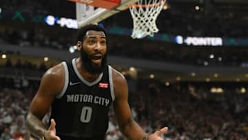 MILWAUKEE, WISCONSIN - APRIL 14: Andre Drummond #0 of the Detroit Pistons reacts to an officials call during Game One of the first round of the 2019 NBA Eastern Conference Playoffs against the Milwaukee Bucks at Fiserv Forum on April 14, 2019 in Milwaukee, Wisconsin. NOTE TO USER: User expressly acknowledges and agrees that, by downloading and or using this photograph, User is consenting to the terms and conditions of the Getty Images License Agreement. (Photo by Stacy Revere/Getty Images)