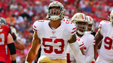 TAMPA, FLORIDA - SEPTEMBER 08: Mark Nzeocha #53 of the San Francisco 49ers celebrates after intercepting Jameis Winston #3 of the Tampa Bay Buccaneers in the second quarter of a football game at Raymond James Stadium on September 08, 2019 in Tampa, Florida. (Photo by Julio Aguilar/Getty Images)