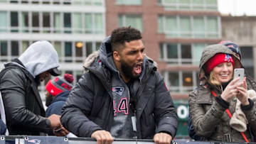 BOSTON, MA - FEBRUARY 07: New England Patriots linebacker Trevor Bates celebrates during the New England Patriots victory parade on February 7, 2017 in Boston, Massachusetts. The Patriots defeated the Atlanta Falcons 34-28 in overtime in Super Bowl 51. (Photo by Scott Eisen/Getty Images)