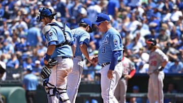 May 4, 2016; Kansas City, MO, USA; Kansas City Royals manager Ned Yost (3) takes out pitcher Kris Medlen (39) during the third inning against the Washington Nationals at Kauffman Stadium. Mandatory Credit: Peter G. Aiken-USA TODAY Sports
