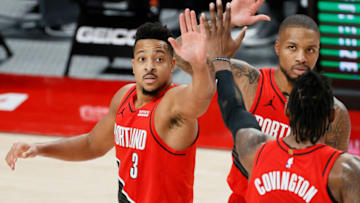 CJ McCollum, Damian Lillard, Robert Covington (Photo by Steph Chambers/Getty Images)