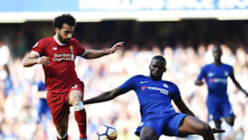 LONDON, ENGLAND - MAY 06: (THE SUN OUT, THE SUN ON SUNDAY OUT) Mohamed Salah of Liverpool with Antonio Rudiger of Chelsea during the Premier League match between Chelsea and Liverpool at Stamford Bridge on May 6, 2018 in London, England. (Photo by Andrew Powell/Liverpool FC via Getty Images)