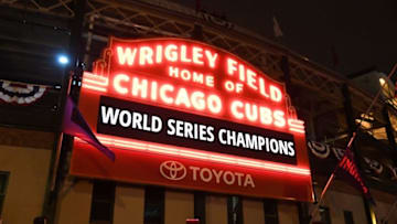 Nov 2, 2016; Chicago, IL, USA; A general view of the marquee after game seven of the 2016 World Series against the Cleveland Indians outside of Wrigley Field. Cubs won 8-7. Mandatory Credit: Patrick Gorski-USA TODAY Sports
